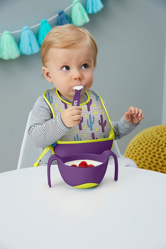 B.Box Travel Bib & Flexible Soft Bite Spoon Set - Cactus Capers Purple Grey - 592