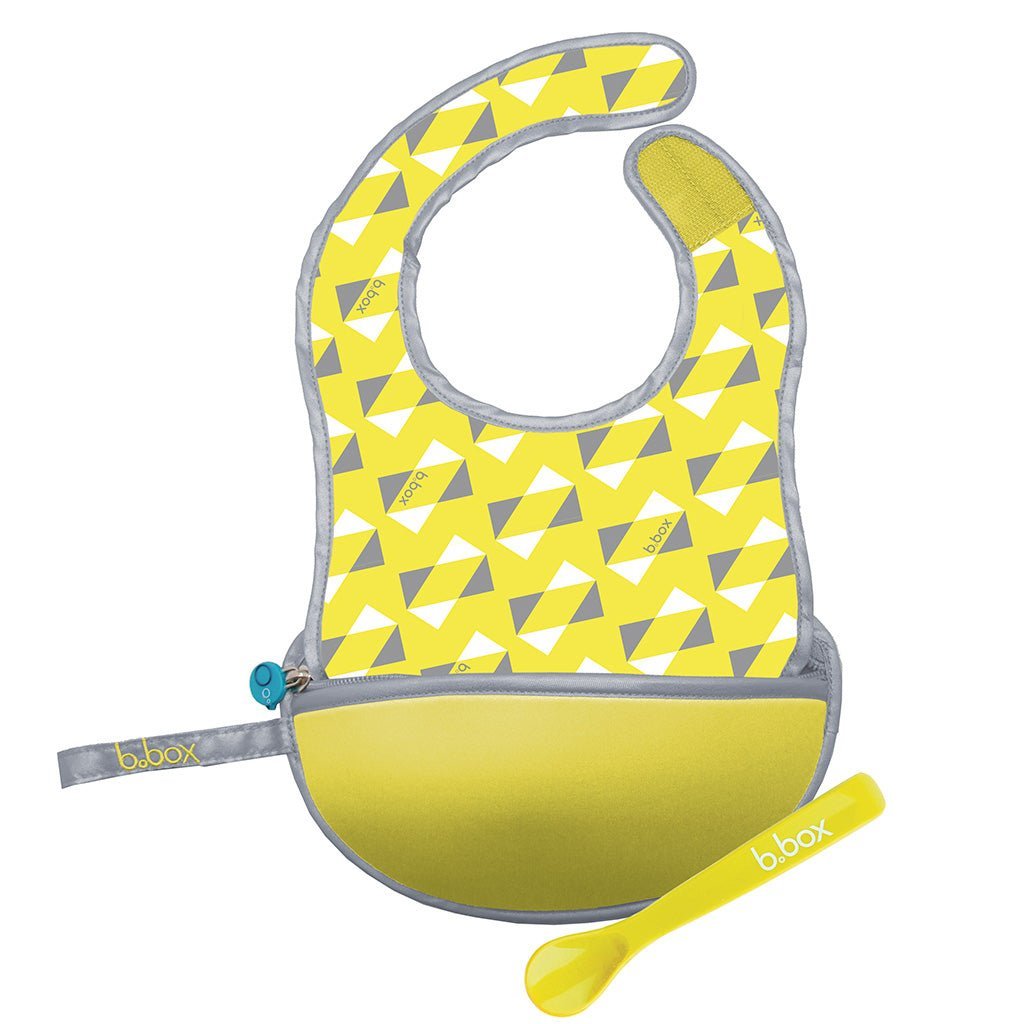 B.Box Travel Bib & Flexible Soft Bite Spoon Set - Pine Splice Yellow Grey - 593