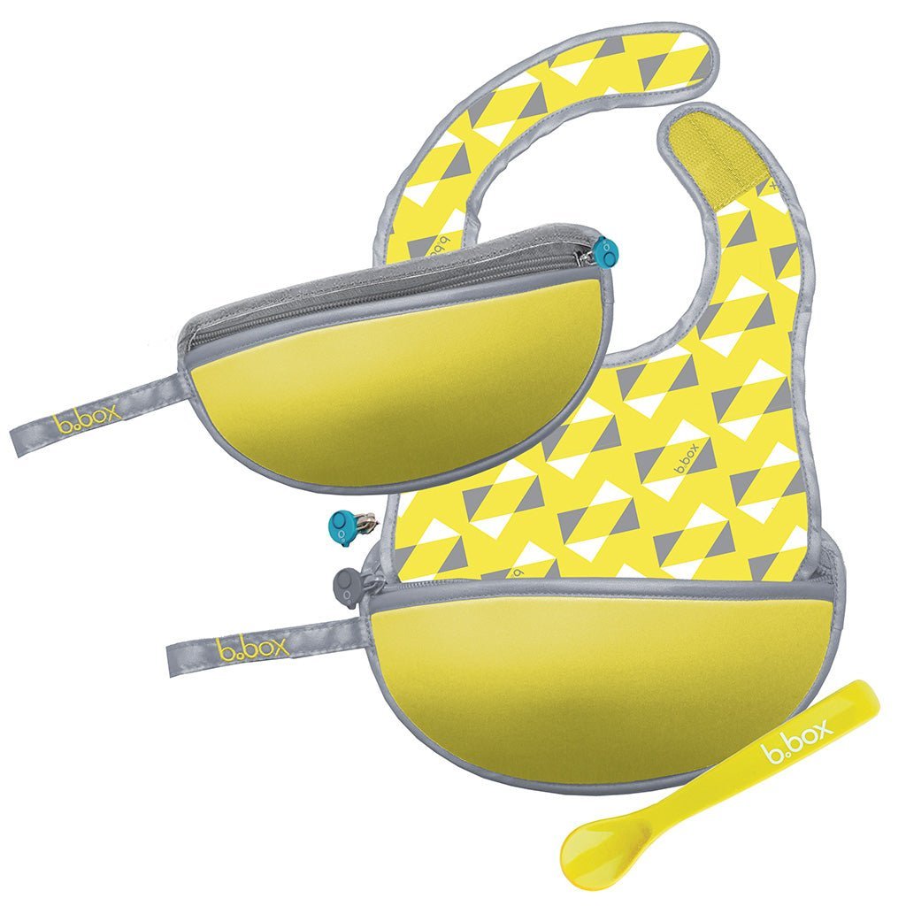 B.Box Travel Bib & Flexible Soft Bite Spoon Set - Pine Splice Yellow Grey - 593