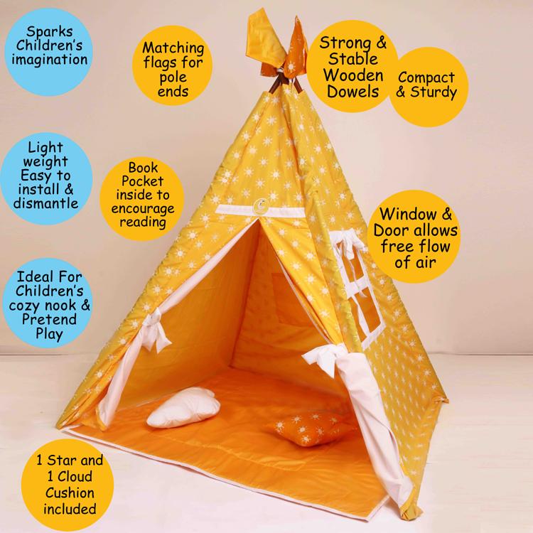 CuddlyCoo TeePee Tent Set - Mustard Sun - TEEPEEBSPATMS