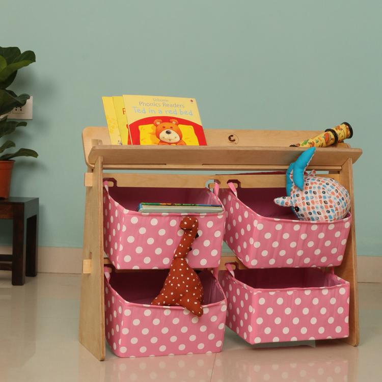 CuddlyCoo Toy Organizer with Book Shelf - Baby Pink - TOYORGWITHBOOKSHELFBP