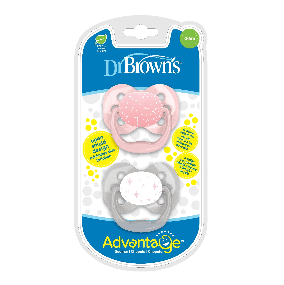 Dr. Browns Advantage Pacifiers, Stage 1, Pack of 2 - Pink Stars - DBPA12001-INTLX