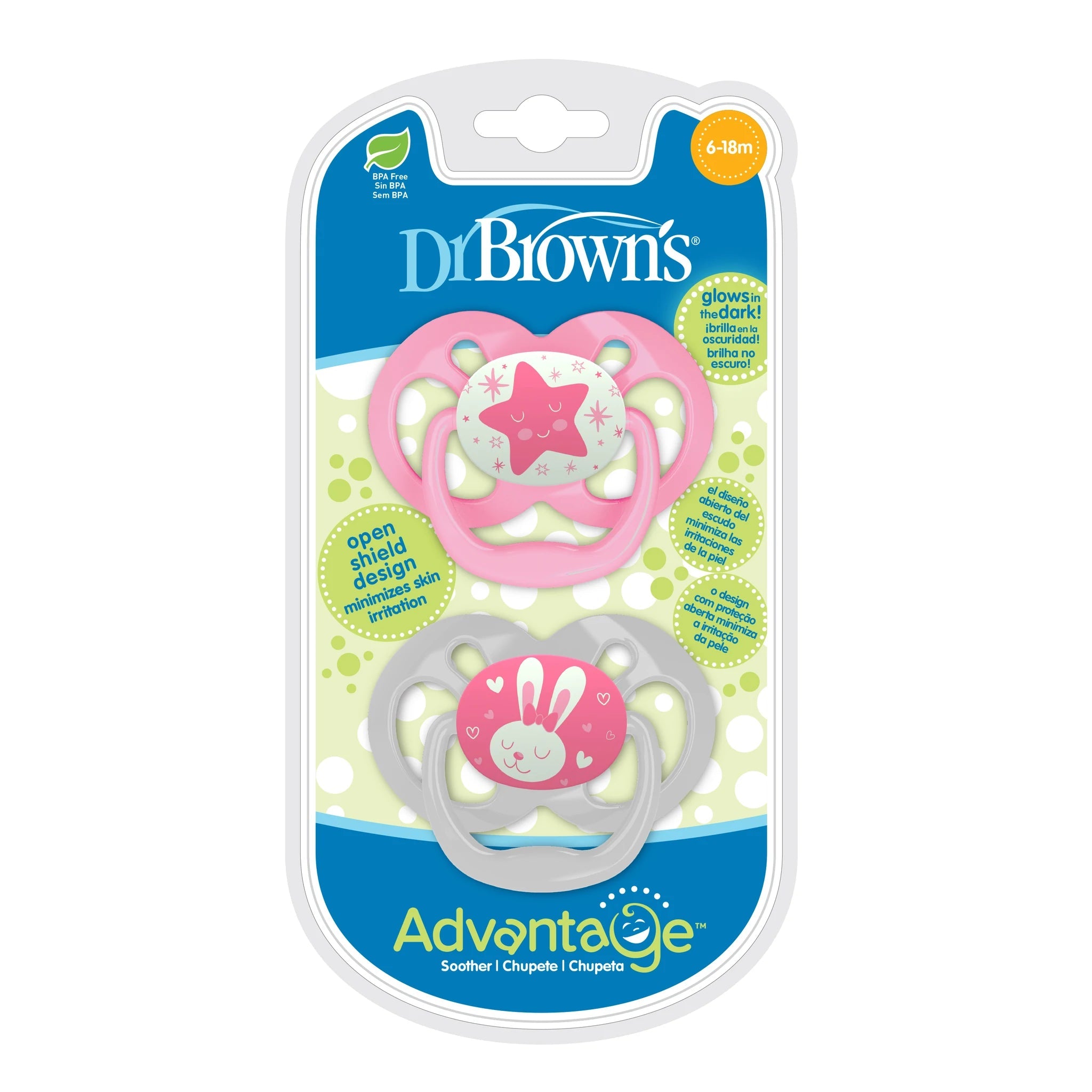 Dr. Browns Advantage Pacifiers, Stage 2, Glow in the Dark, Pack of 2 - Pink - DBPA22003-INTL