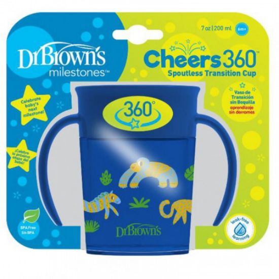 Dr. Browns Smooth Wall Cheers360 Cup w/ Handles, 7 oz/200mL - Blue Deco - DBTC71006