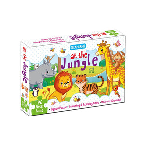 Dreamland Publications At the Jungle Jigsaw Puzzle For Kids | With Coloring & Activity Book and 3D Model - 9788194136897