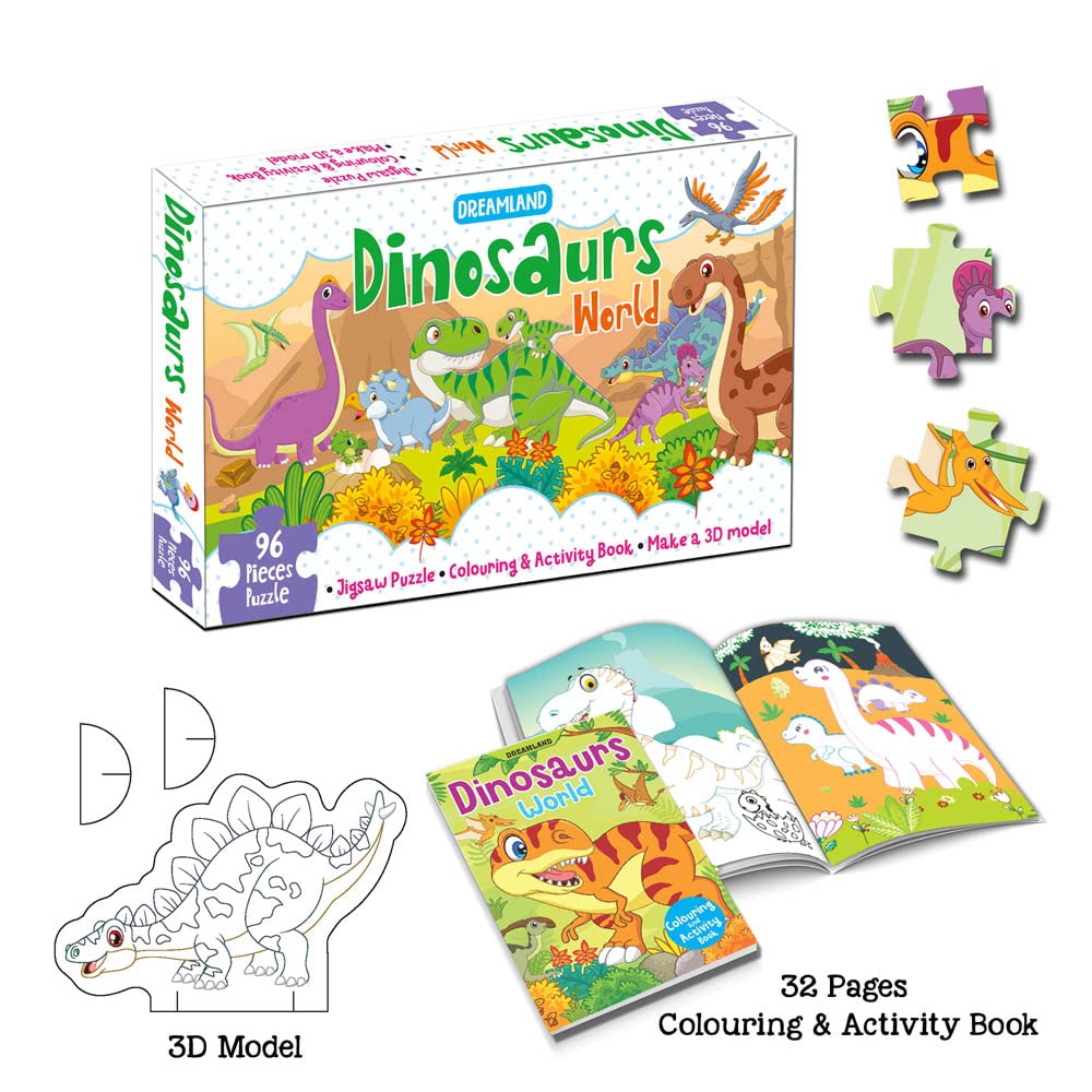 Dreamland Publications Dinosaurs World Jigsaw Puzzle For Kids | With Coloring And 3D Model - 9788194136880