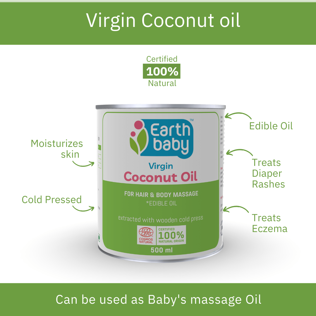 EarthBaby 100% Natural Virgin Coconut Oil for Hair & Body Massage, Cooking and Oil Pulling (500 ml) - 3-1001