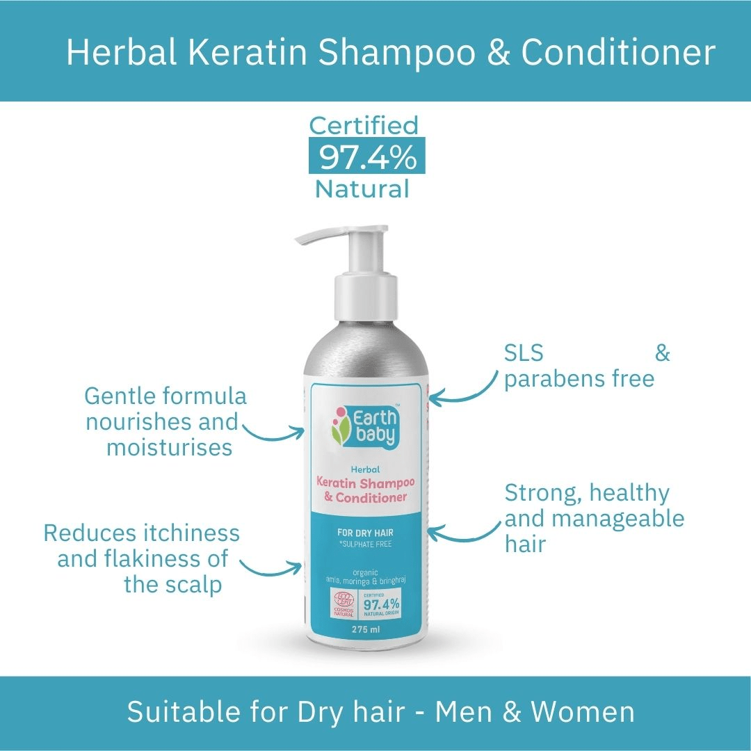 EarthBaby herbal keratin shampoo for dry and brittle hair - Men & Women, with Moringa, Bringhraj, Brahmi & Amla, fortified with Keratin | no SLS &SLES - SC1020