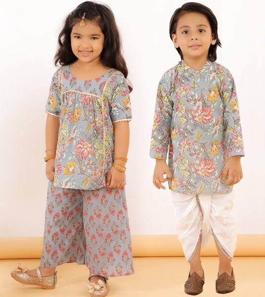 Ethnic Set-Grey Floral Boys Dhoti Kurta Set with Floral Girls Kurta Pant Set - DK2-GFLFG