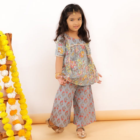 Ethnic Set-Grey Floral Boys Dhoti Kurta Set with Floral Girls Kurta Pant Set - DK2-GFLFG