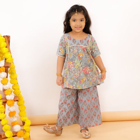 Ethnic Set-Grey Floral Boys Dhoti Kurta Set with Floral Girls Kurta Pant Set - DK2-GFLFG