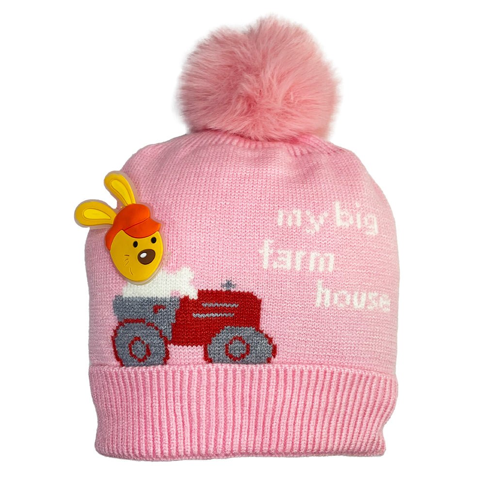 Farm house Baby Knitted Cap With Faux Fur- Pink - WNCP-LS-FRHPNK