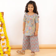 Grey Floral Girls Kurta Pant Set