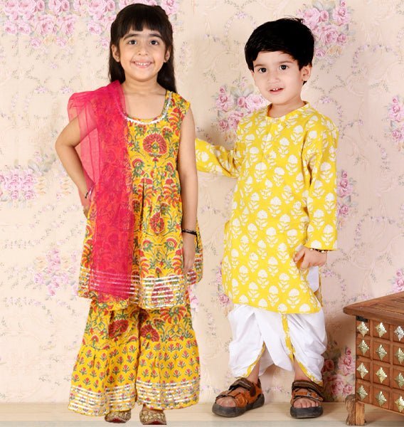 Kids Ethnic Set-Yellow Block Print Dhoti Kurta Boys Set with Floral Print Girls Anarkali Kurta Sharara Set With Dupatta - DK2-YBFPS