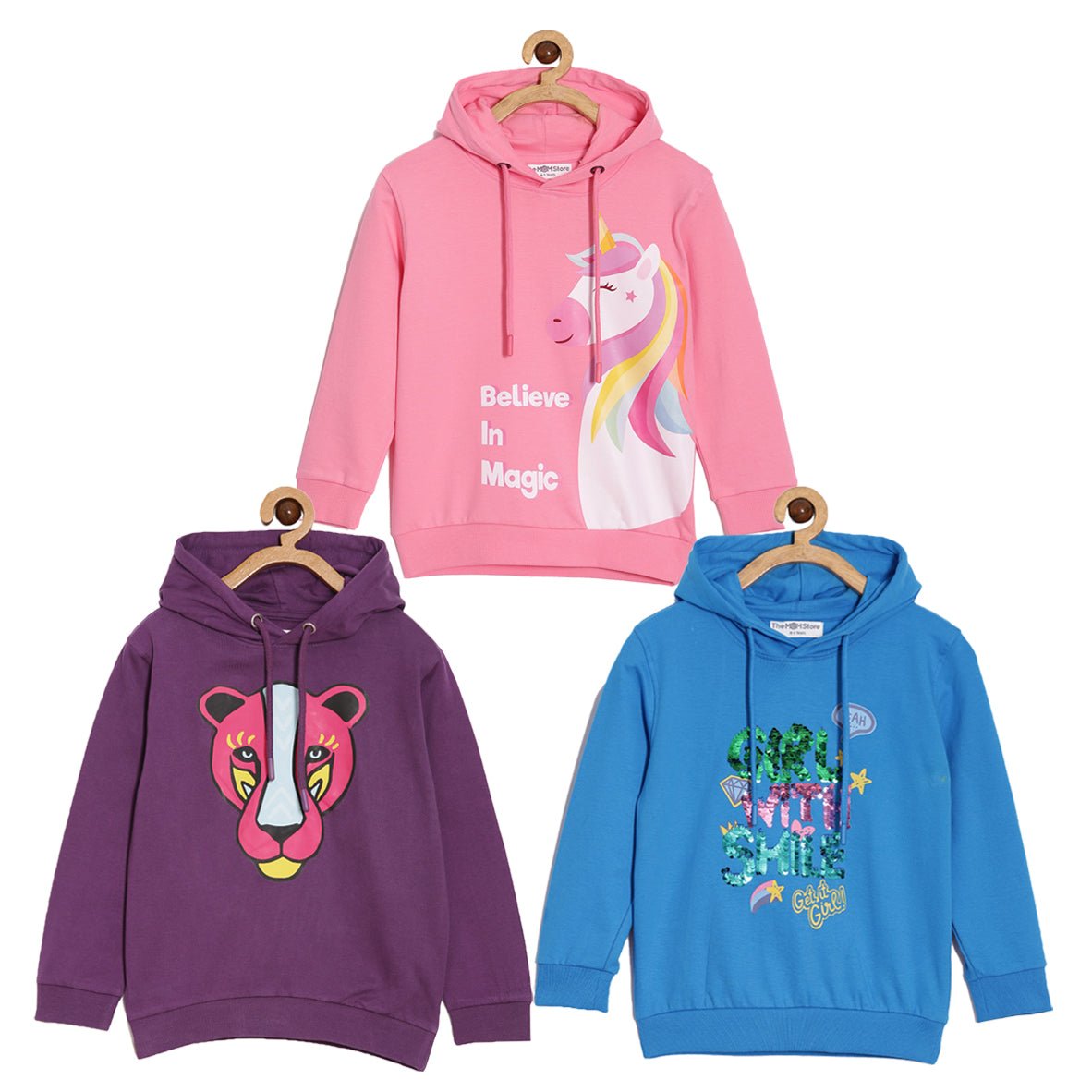Kids Hooded Sweatshirt Combo of 3-Wild Cat-Girl With Smile-Believe In Unicorn Magic - KWW3-AN-IWGB-0-6