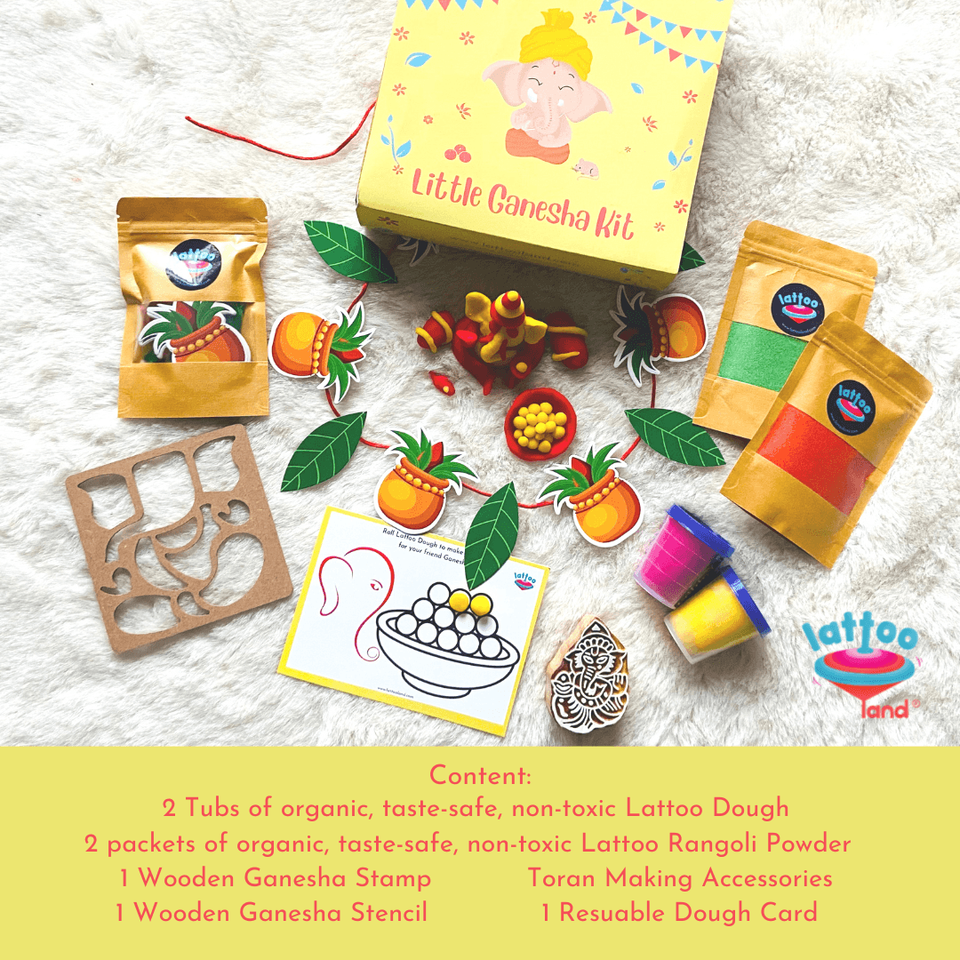 LattooLand Ganesha Kit - Set of dough tubs, Stamp, Stencil, Rangoli Powder, Toran making kit - GANESHA_T