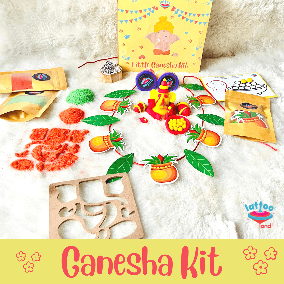 LattooLand Ganesha Kit - Set of dough tubs, Stamp, Stencil, Rangoli Powder, Toran making kit - GANESHA_T
