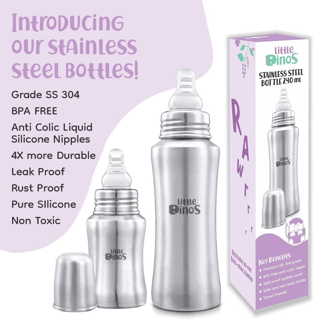 Little Dinos stainless steel baby feeding bottle 240 ml with 1 free nipple - LD SSFB 240ML