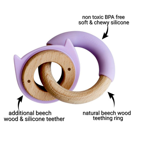 Little Rawr Wood + Silicone Disc & Ring Teether- Kitty(Purple) - DBRLA