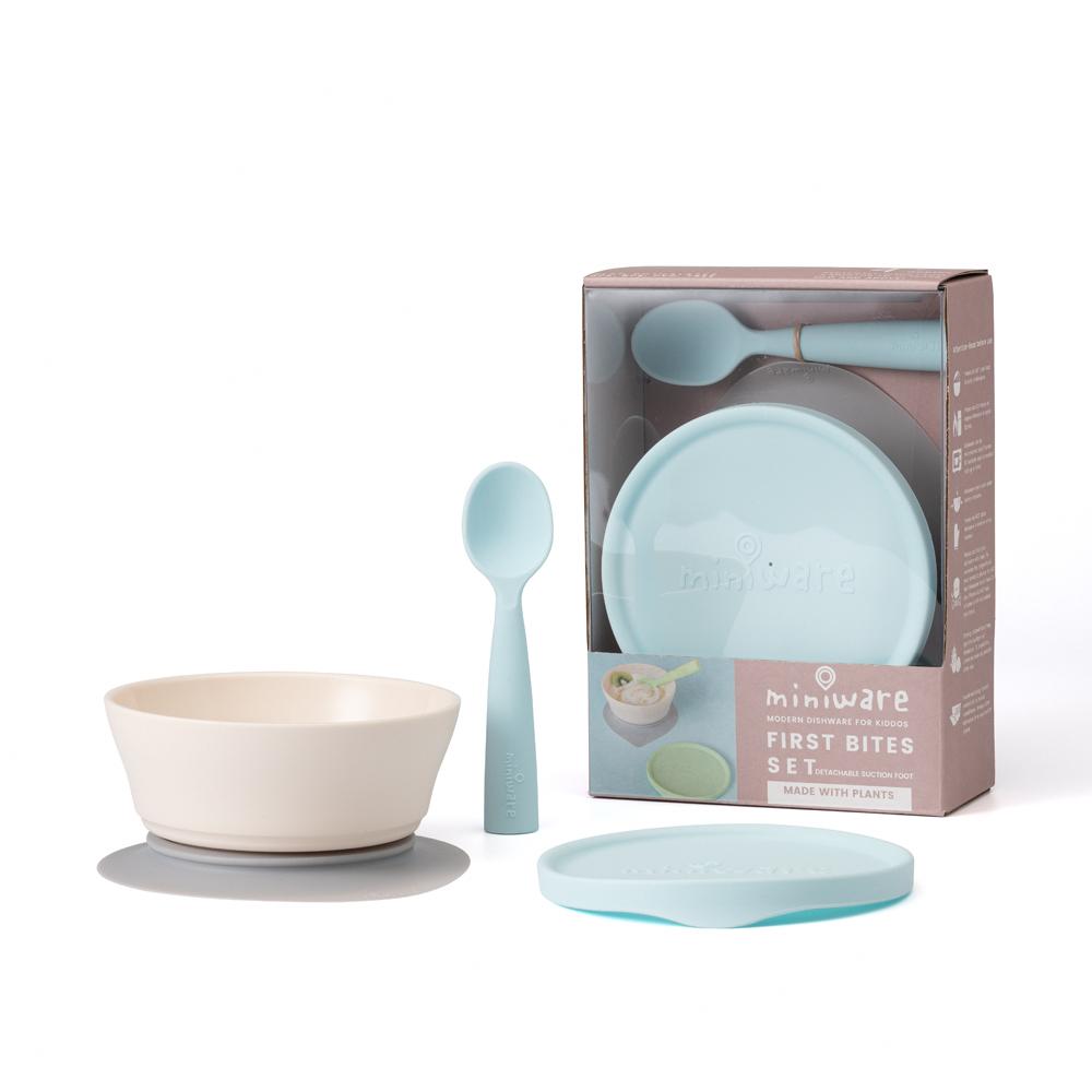 Miniware Suction Bowl With Spoon- Vanilla/Aqua - MWFBVA