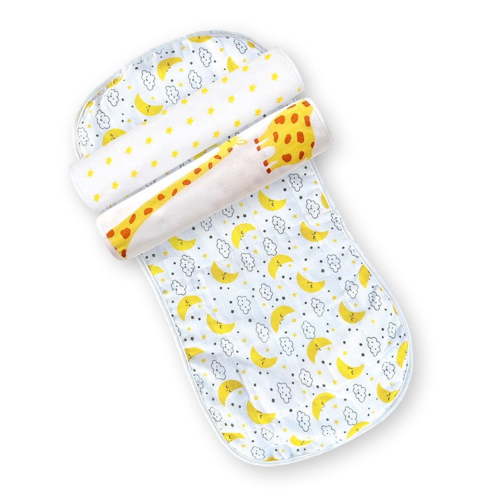 Muslin Burp Cloth Combo Of 3- Option 9: Tall As A Giraffe-Yellow Star- Moon And Stars - MSBC3-TYSMS