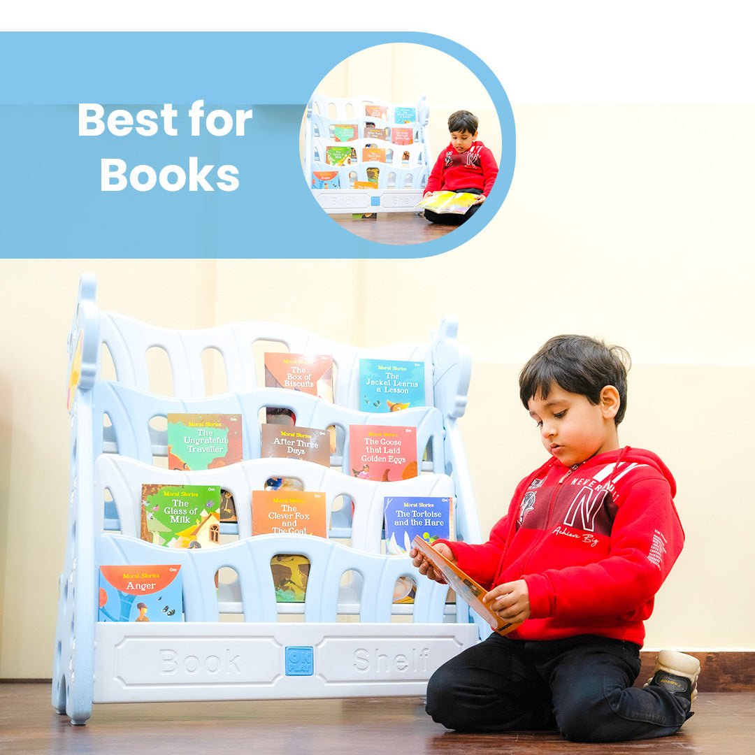OK PLAY Book Shelf Storage Organiser For Kids- Sky Blue & Grey - FTFF000006