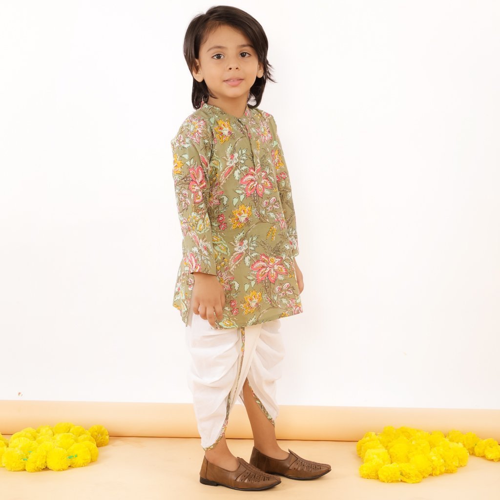 Olive Floral Boys Dhoti Kurta Set - DK-OMFLR-0-6
