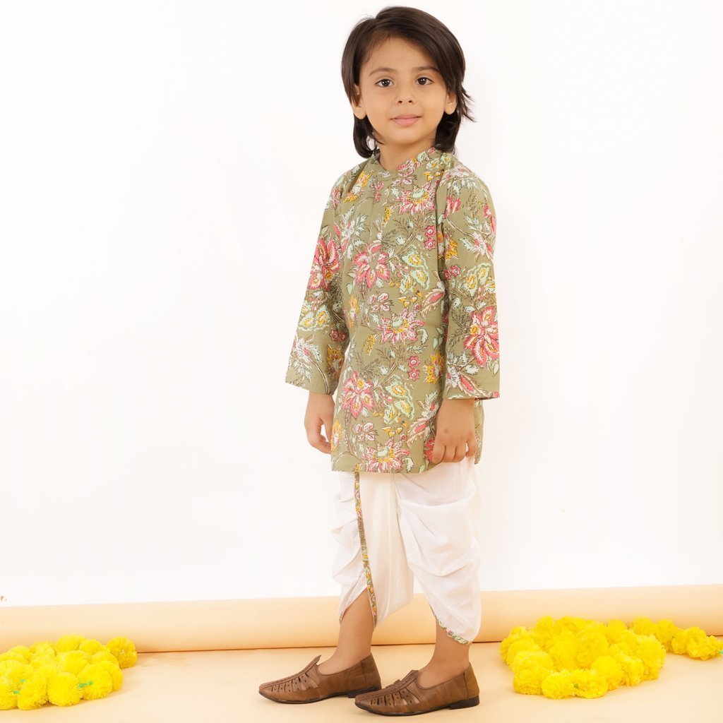 Olive Floral Boys Dhoti Kurta Set - DK-OMFLR-0-6