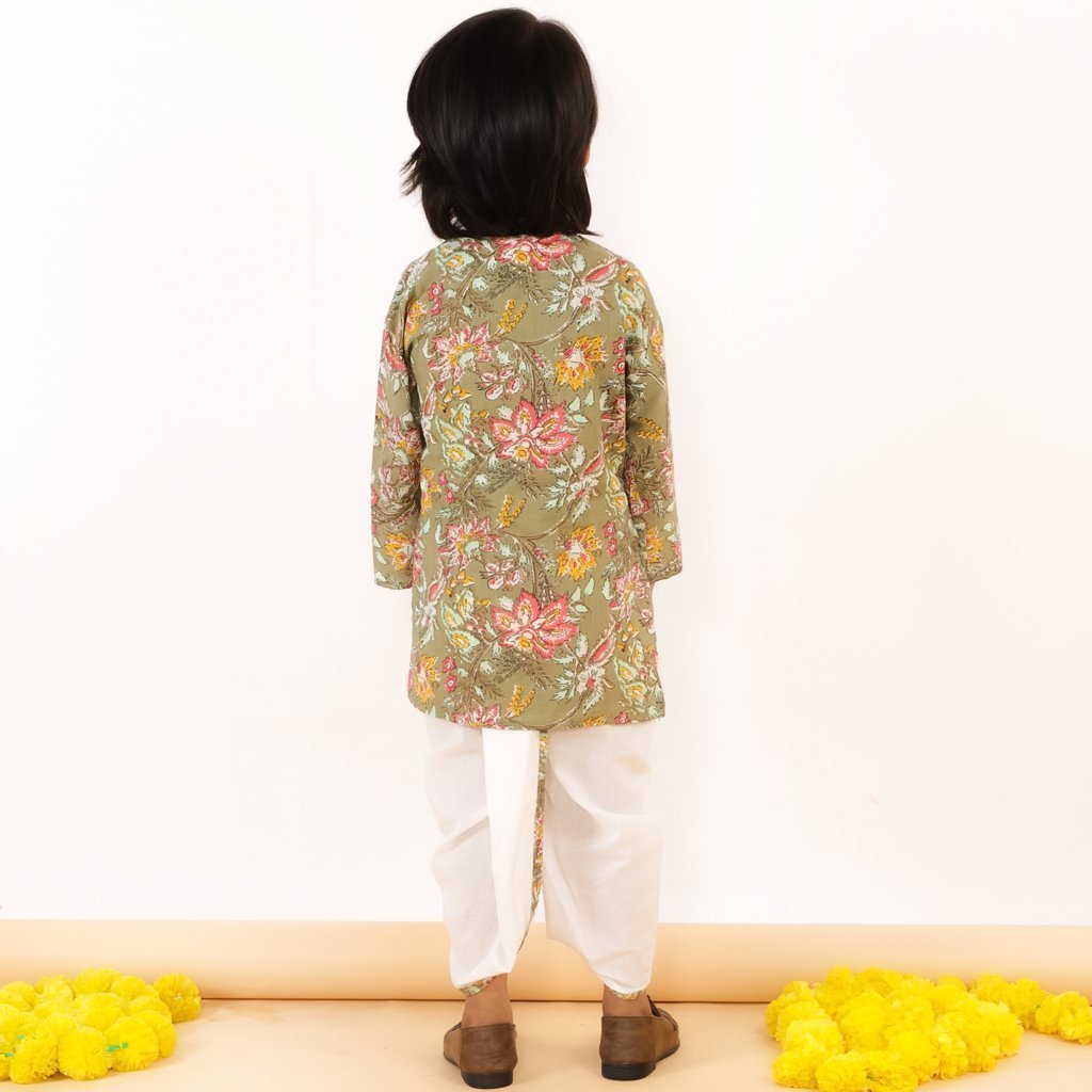 Olive Floral Boys Dhoti Kurta Set - DK-OMFLR-0-6