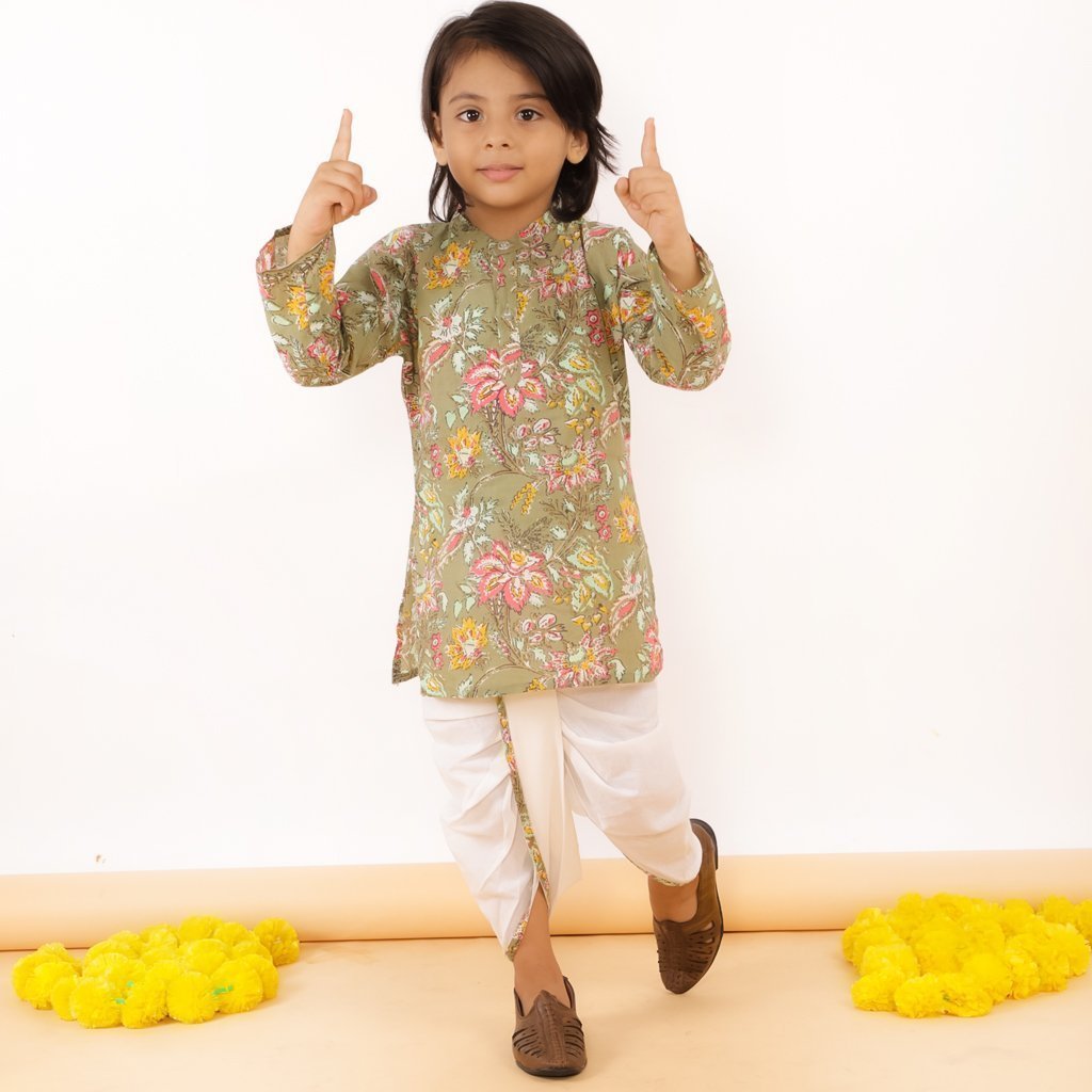 Olive Floral Boys Dhoti Kurta Set - DK-OMFLR-0-6