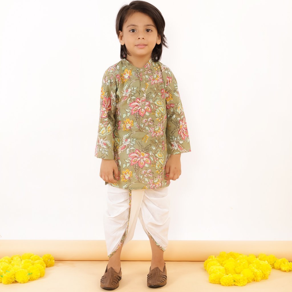 Olive Floral Boys Dhoti Kurta Set - DK-OMFLR-0-6