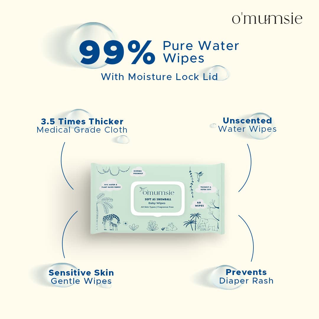 Omumsie 99% Pure Water (Unscented)Thickest Plant Based Baby Wipes Pack of 2 - OM21C