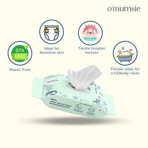 Omumsie 99% Pure Water (Unscented)Thickest Plant Based Baby Wipes Pack of 3 - OM21B