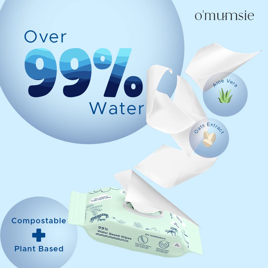 Omumsie 99% Pure Water (Unscented)Thickest Plant Based Baby Wipes Pack of 4 - OM21A