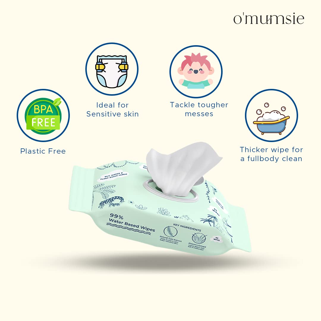 Omumsie 99% Pure Water (Unscented)Thickest Plant Based Baby Wipes Pack of 4 - OM21A