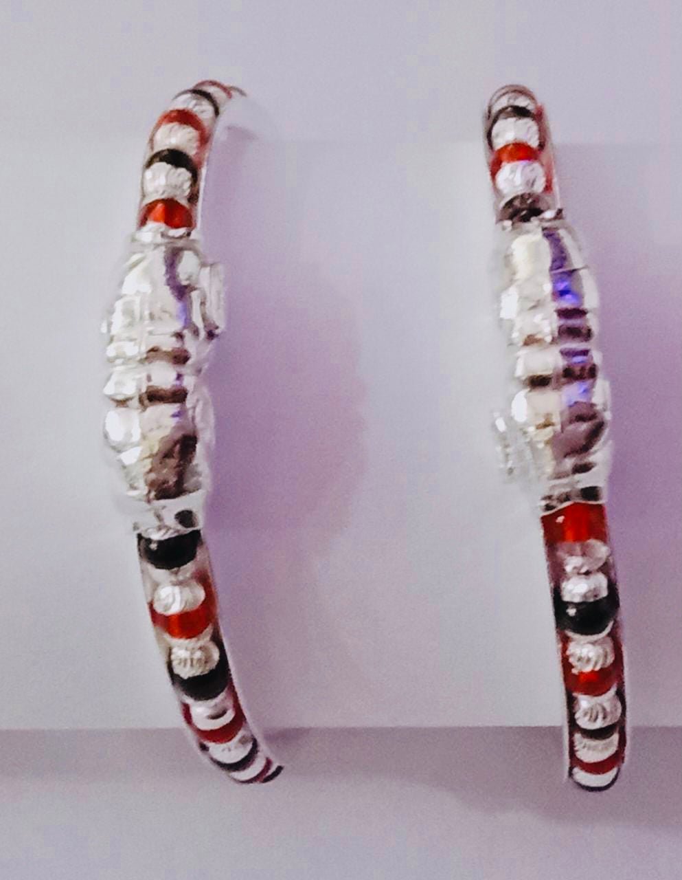 Pushker Badri Sarraf Red And Black Beads Silver Kada - KADA-RNB