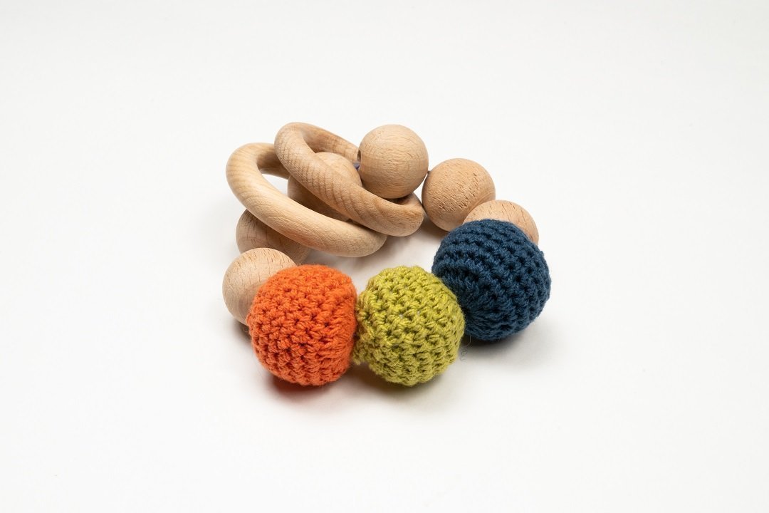 Rocking Potato Wooden Rattle cum Teether with crochet balls - WCRB-BW