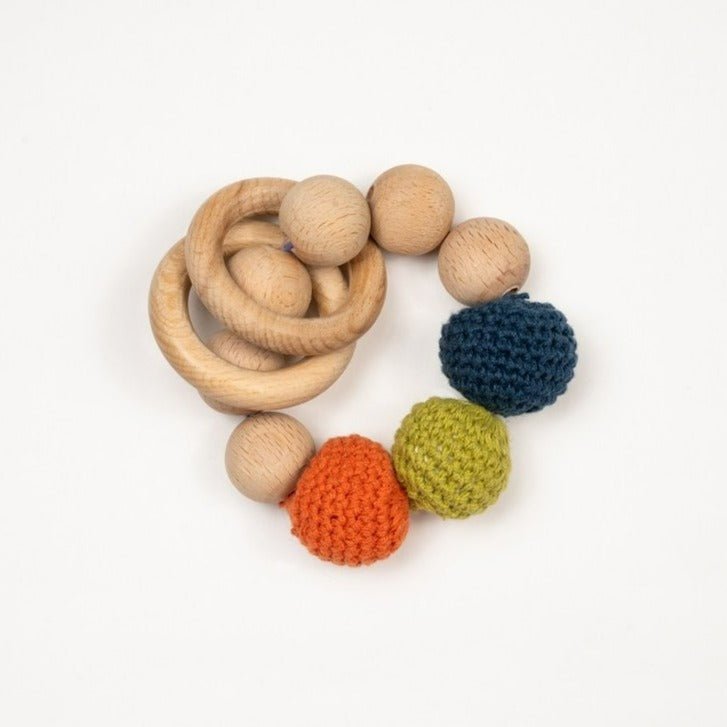 Rocking Potato Wooden Rattle cum Teether with crochet balls - WCRB-BW