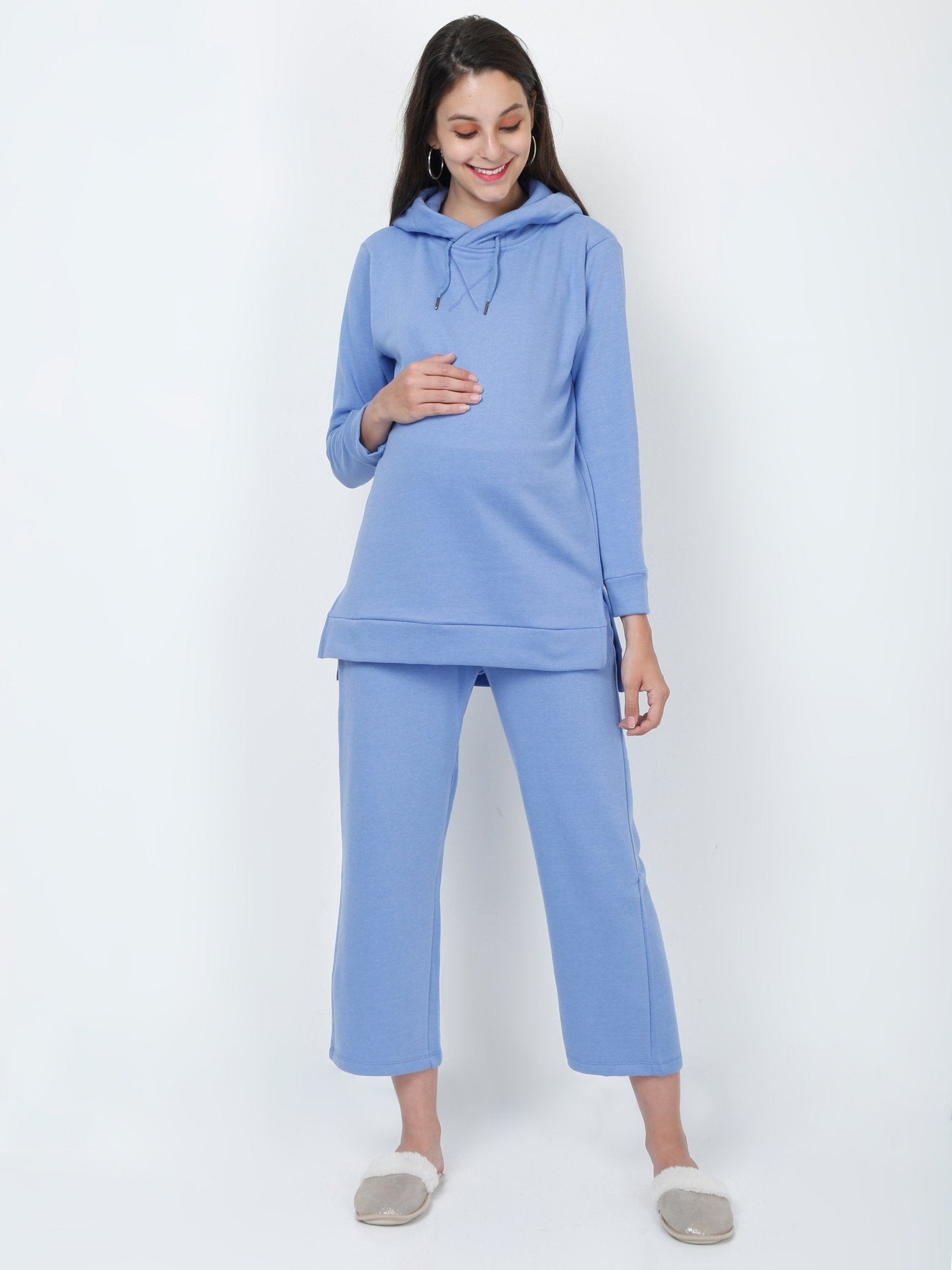 Blue Maternity Hoodie Sweatshirt & Pajama Set With Belly Support The