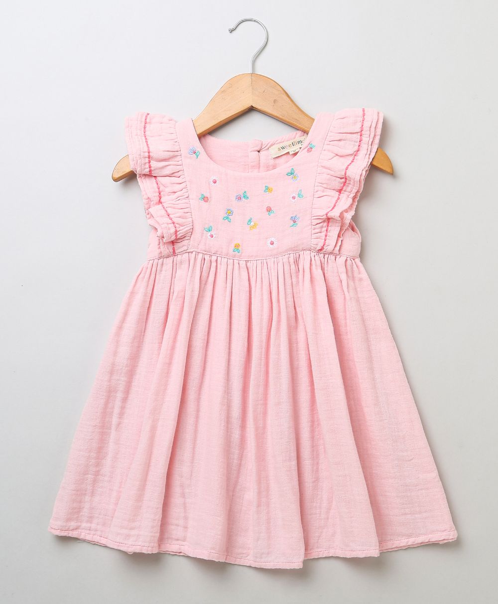Sweetlime By As Baby pink embroidery yoke double cloth organic dress- Baby Pink - SLG-Dress-00983_12-18M
