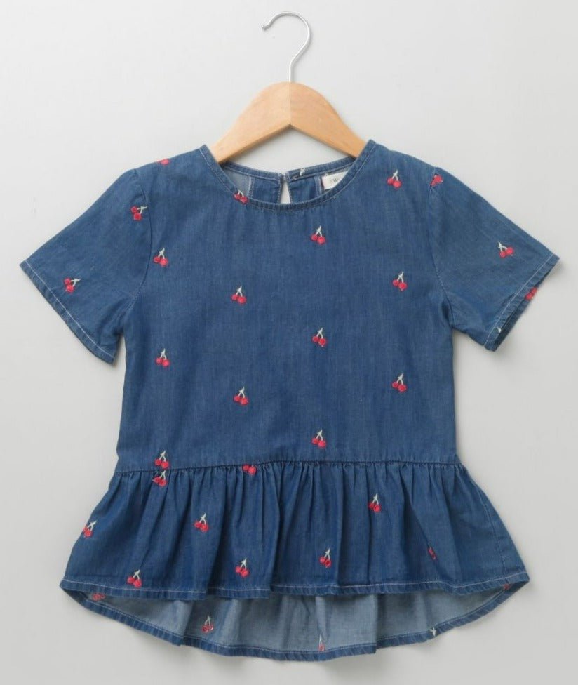 Sweetlime by As Cheery Embroidery Short Sleeves Denim Top - Blue - SLG-TOP-238-3yrs-4yrs