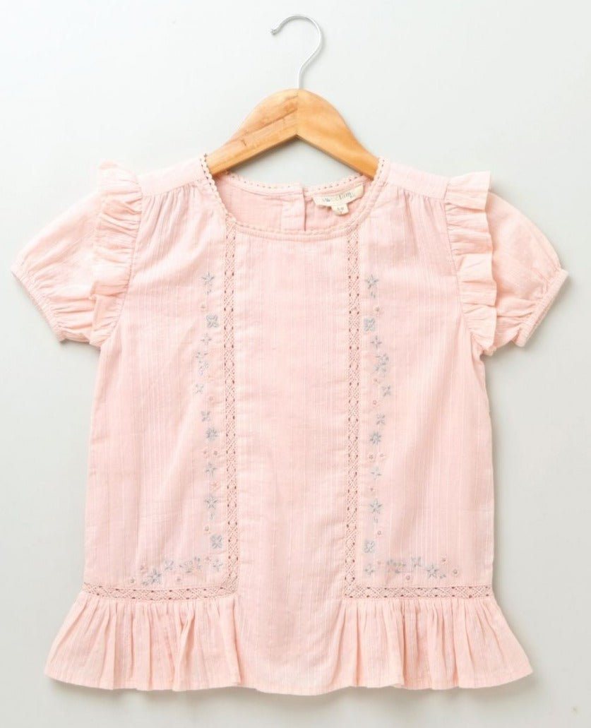 Sweetlime by AS Cotton Lurex Stripe With Lurex Floral Embroidery Top - Baby Pink - SLG-TOP-237-3-4Years