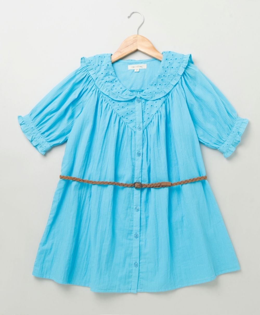 Sweetlime by AS Peter Pan Collar Neck Short Sleeves Tank Top With Belt Top - Turquoise - SLG-TANKTOP-239-3-4Years
