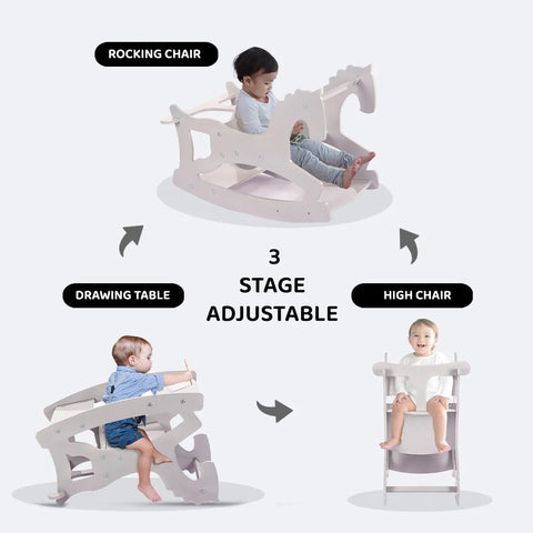 SWEN Wooden Rocking Horse, High Chair And Table And Chair 3in1 Set ETHAN - ETHAN