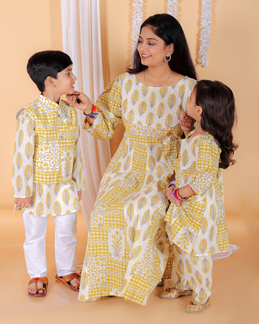 Twinning Combo-Madhupeela Floral Print Anarkali Kurta Set With Boys Jacket Kurta Pajama Set - TWN3-MDPWGB