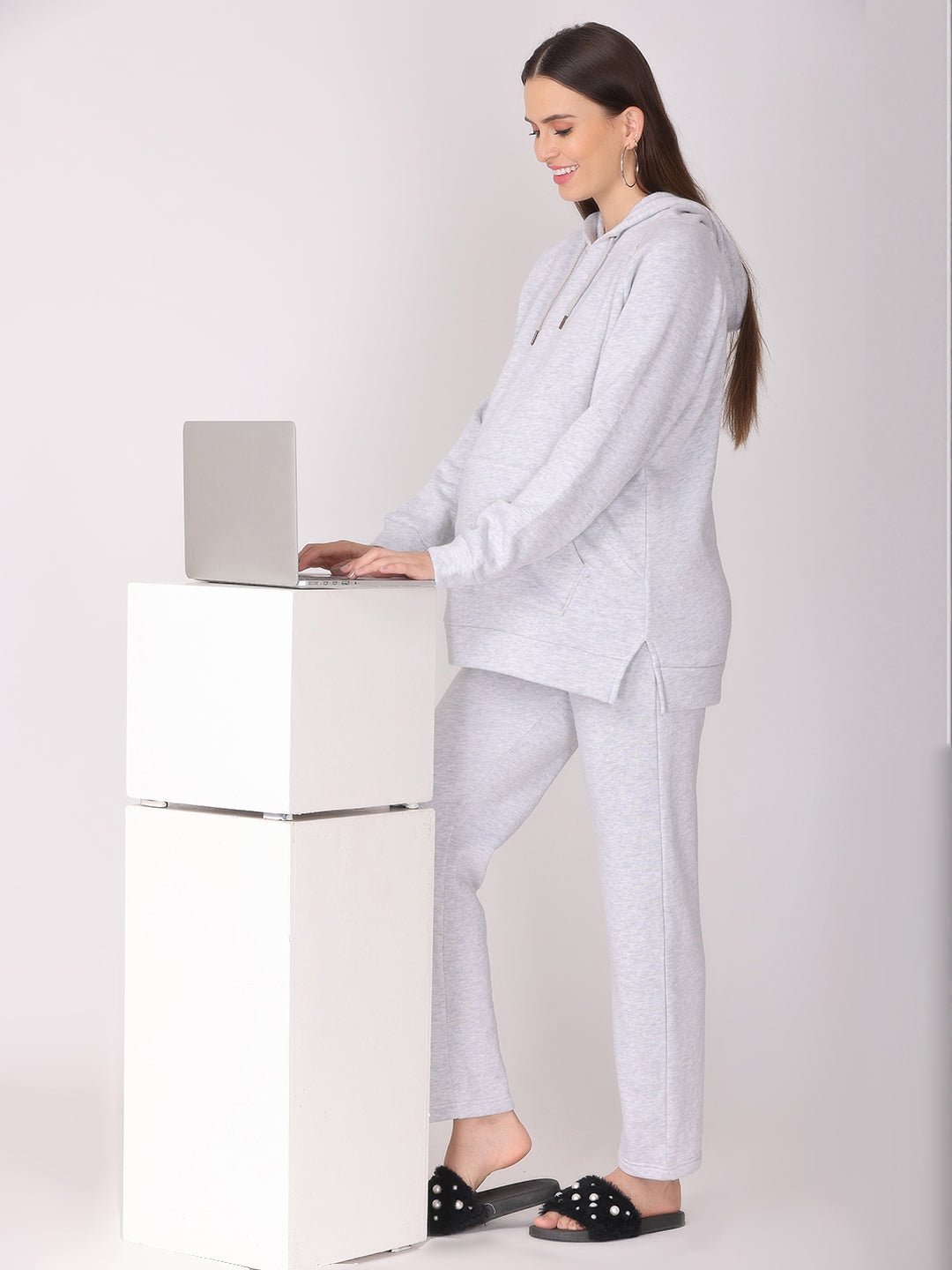WFH Grey Maternity and Feeding Hoodie Pajama Loungewear Set